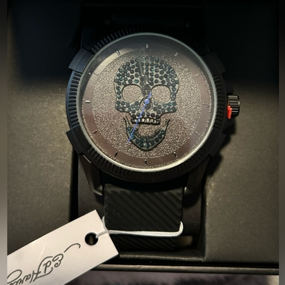 Ed Hardy Black Skull Dial Men's Watch with Blue Hands